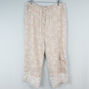 Willi Smith Floral Linen Cropped Wide Leg Cargo Pants Size 12 Beige Beach Resort